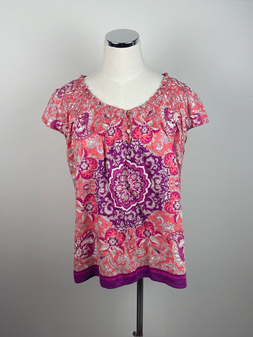 Croft & Barrow Orange Purple Paisley Smocked Ruffle Top Women Large Boho